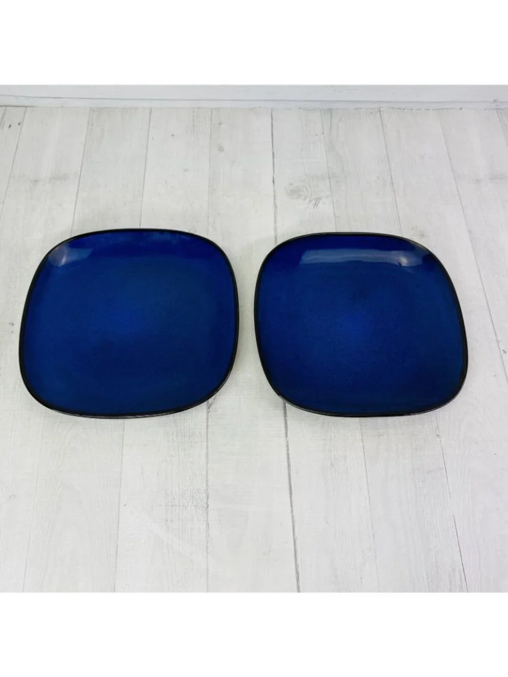 Gibson SOHO LOUNGE Solid Blue Black Edge Square Stoneware Lunch Plates Set of 4